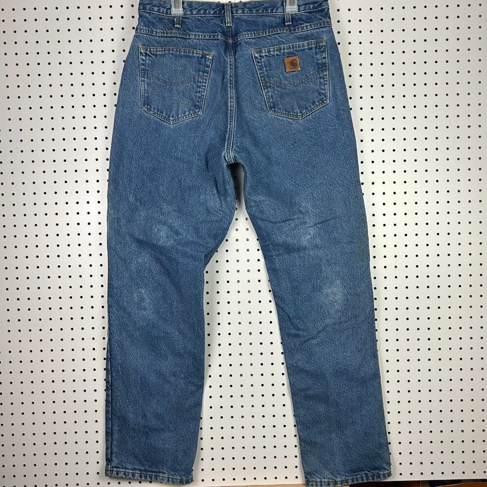 Carhartt Jeans 34x34 Flannel Lined B172 DST Blue Worn Distressed Faded Work Wear
